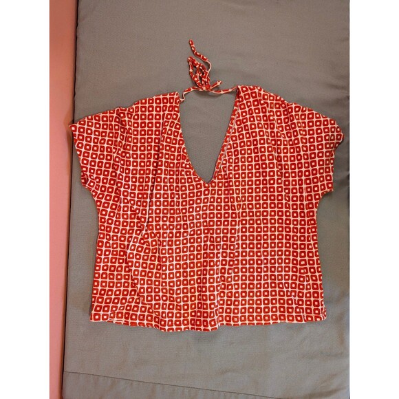 Women's Boden V-Neck Front and Back Geometric Print Top Red White 10 - Picture 3 of 7